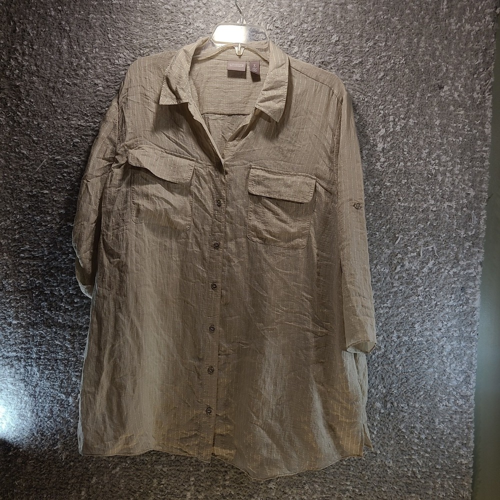 Chico's Striped Tunic Shirt Button Down Roll Tab 3/4 Sleeve Rayon Nylon 3, XL